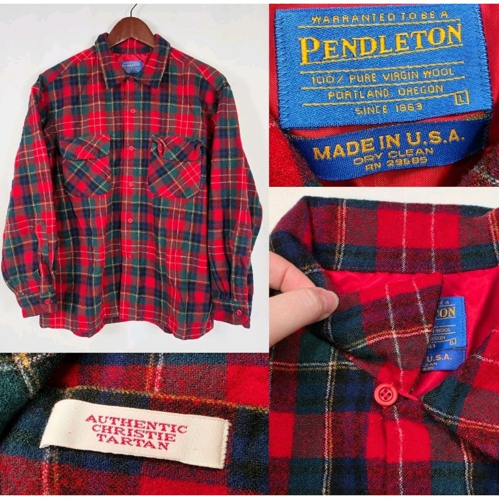 Vtg 60's Pendleton Red Plaid Wool Board Shirt Large Made In USA Loop Collar 3091